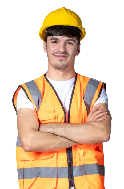 front-view-male-builder-uniform-yellow-helmet-white-wall